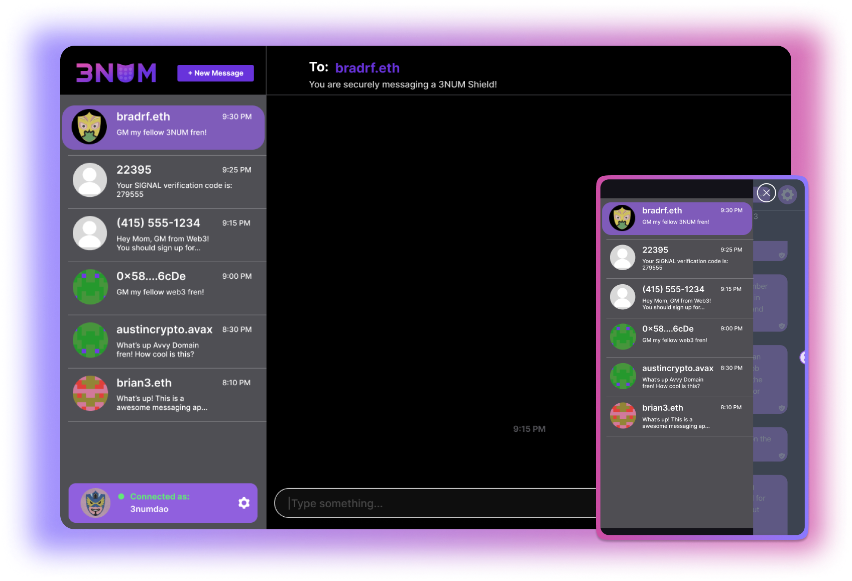 3NUM Messenger supporting trusted Web3 and Web2 messaging with 3NUM Shield, the world's first Web3 Mobile Number